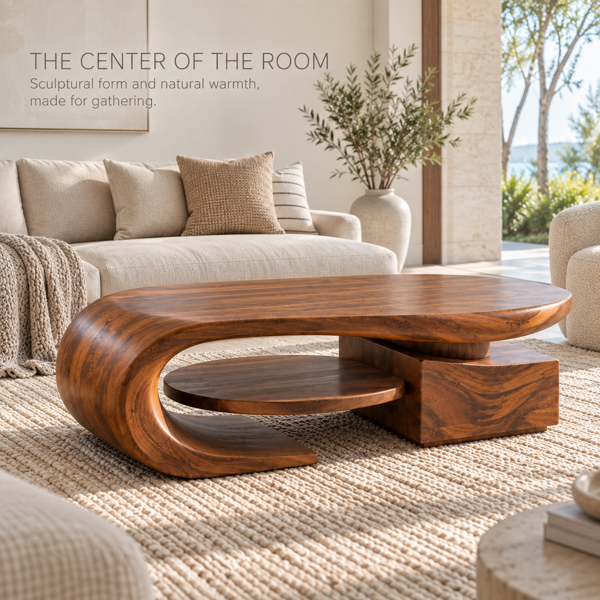Brisa Sculptural Solid Wood Coffee Table - Design 358 - main lifestyle view