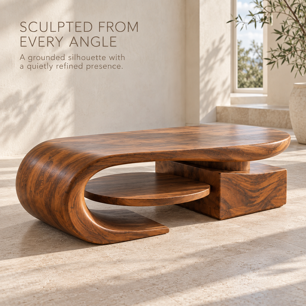 Brisa Sculptural Solid Wood Coffee Table - Design 358 - product detail and styling view 2