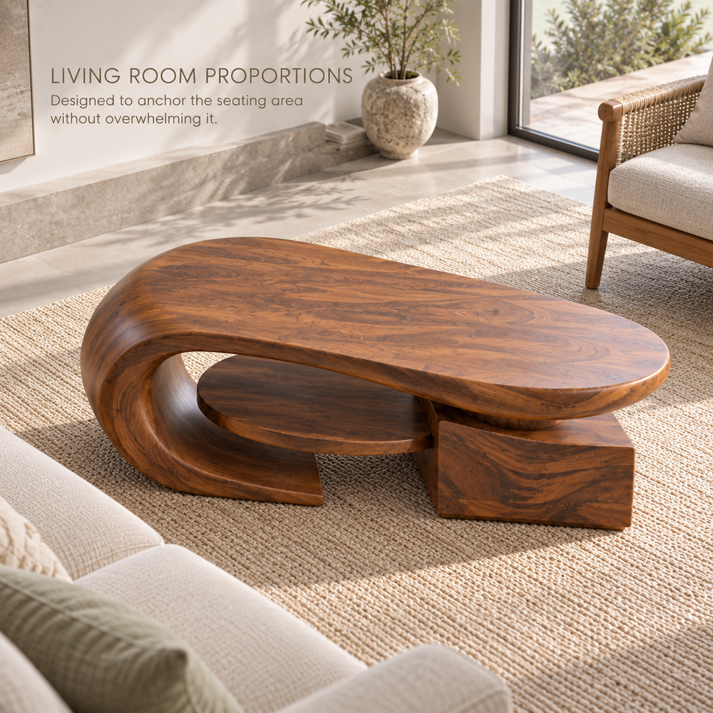 Brisa Sculptural Solid Wood Coffee Table - Design 358 - product detail and styling view 3
