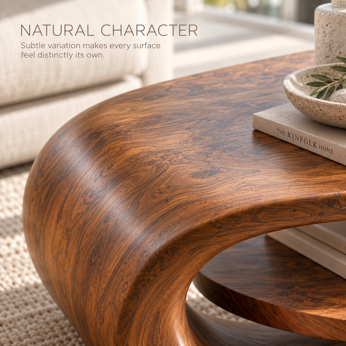 Brisa Sculptural Solid Wood Coffee Table - Design 358 - product detail and styling view 4