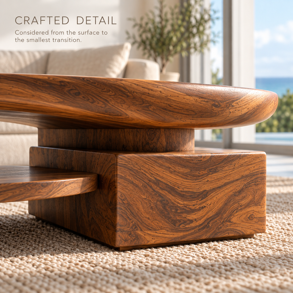 Brisa Sculptural Solid Wood Coffee Table - Design 358 - product detail and styling view 5