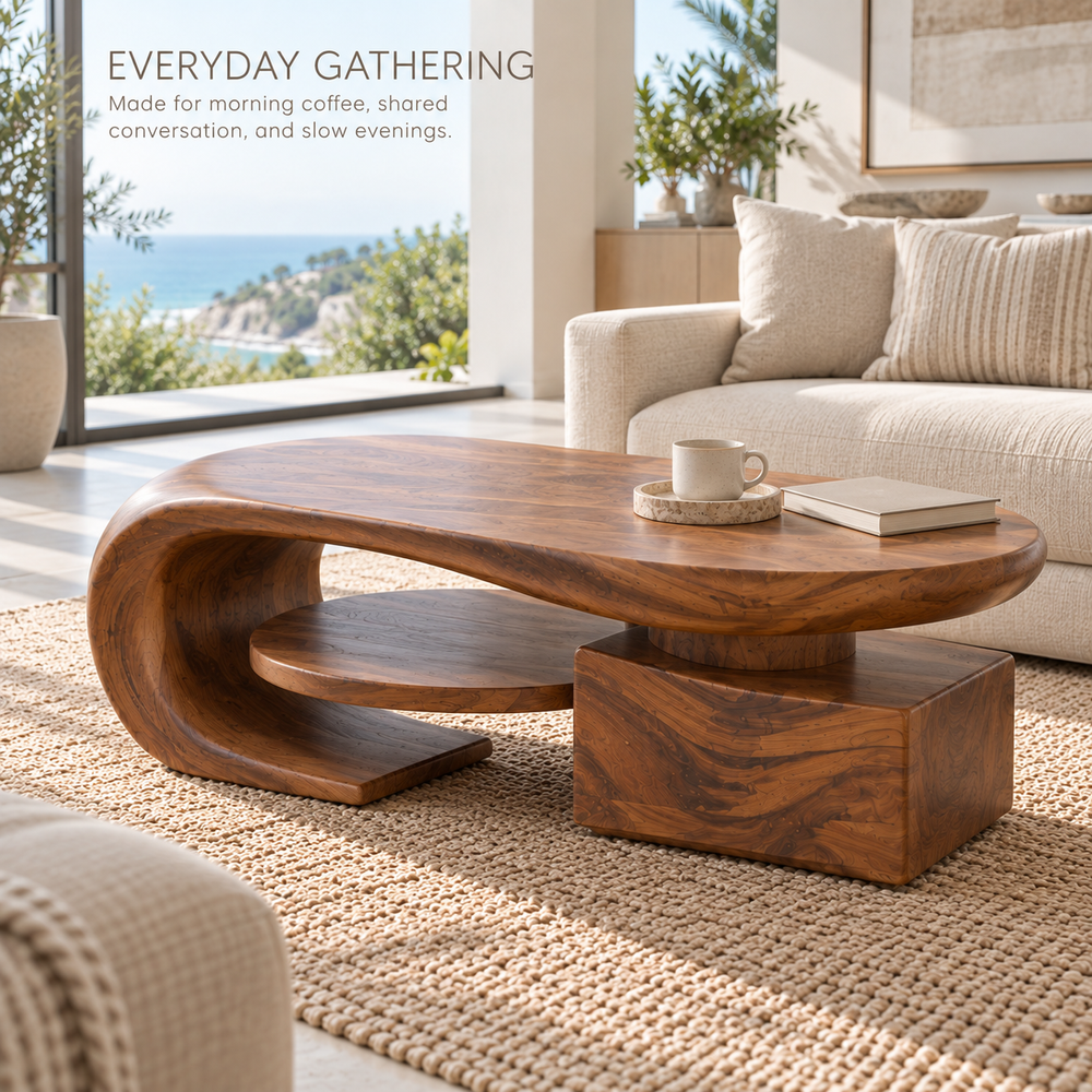 Brisa Sculptural Solid Wood Coffee Table - Design 358 - product detail and styling view 6