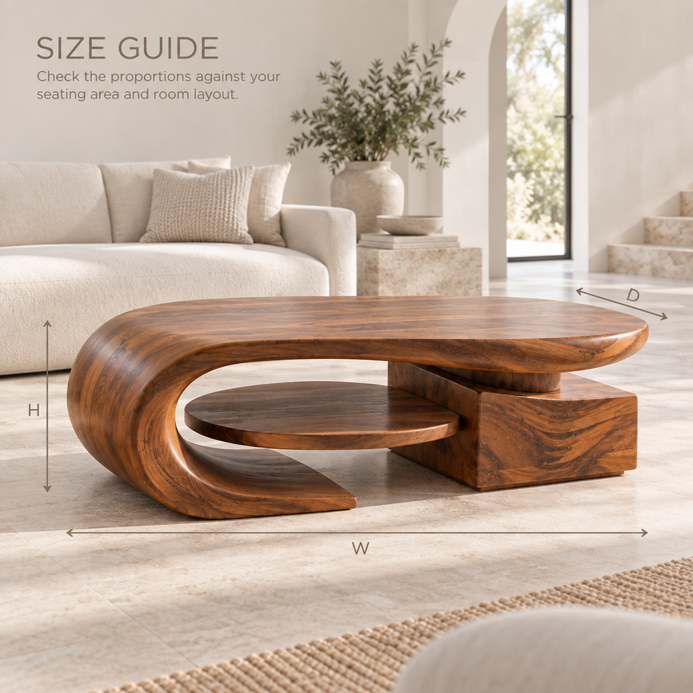 Brisa Sculptural Solid Wood Coffee Table - Design 358 - product detail and styling view 7