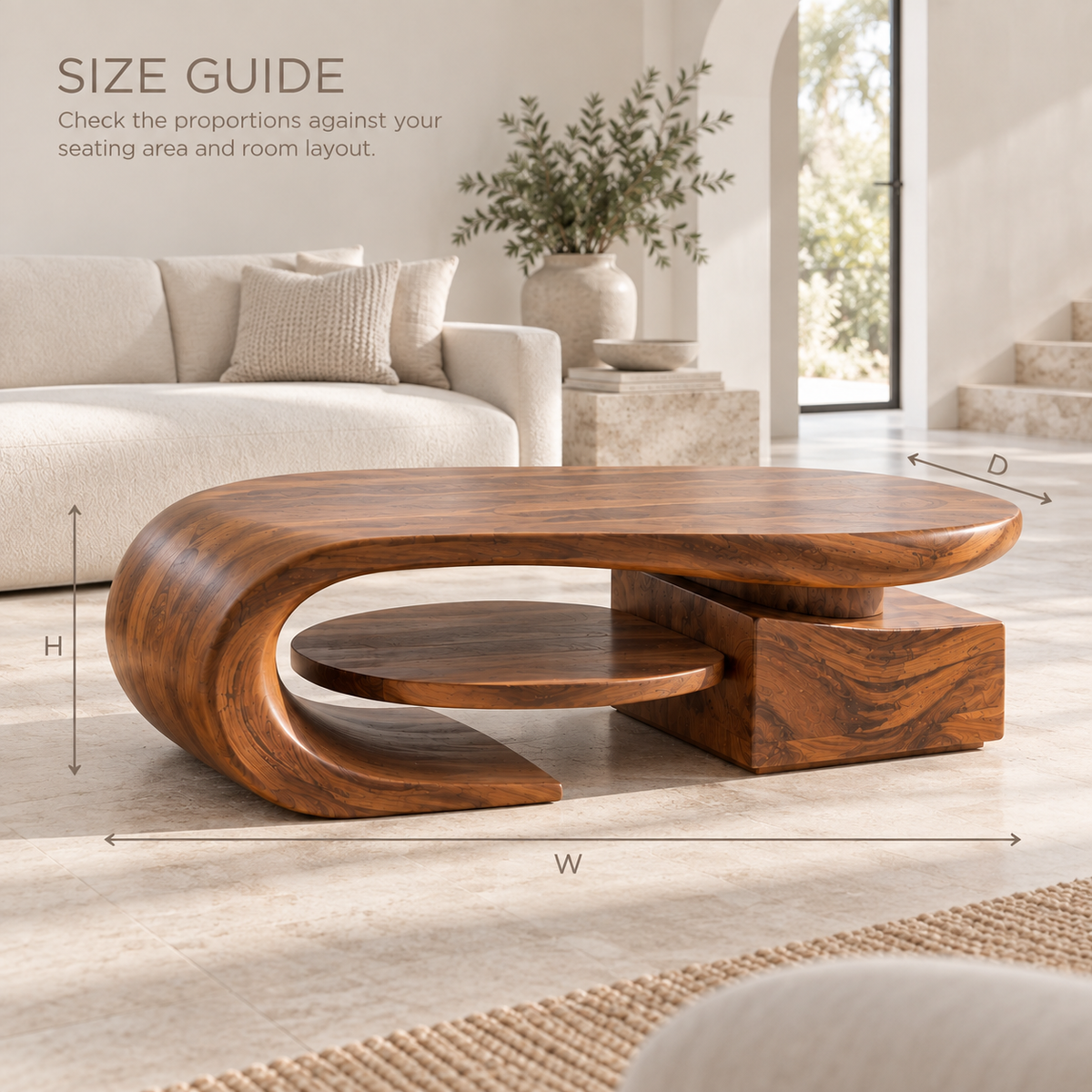 Brisa Sculptural Solid Wood Coffee Table - Design 358 - product detail and styling view 7