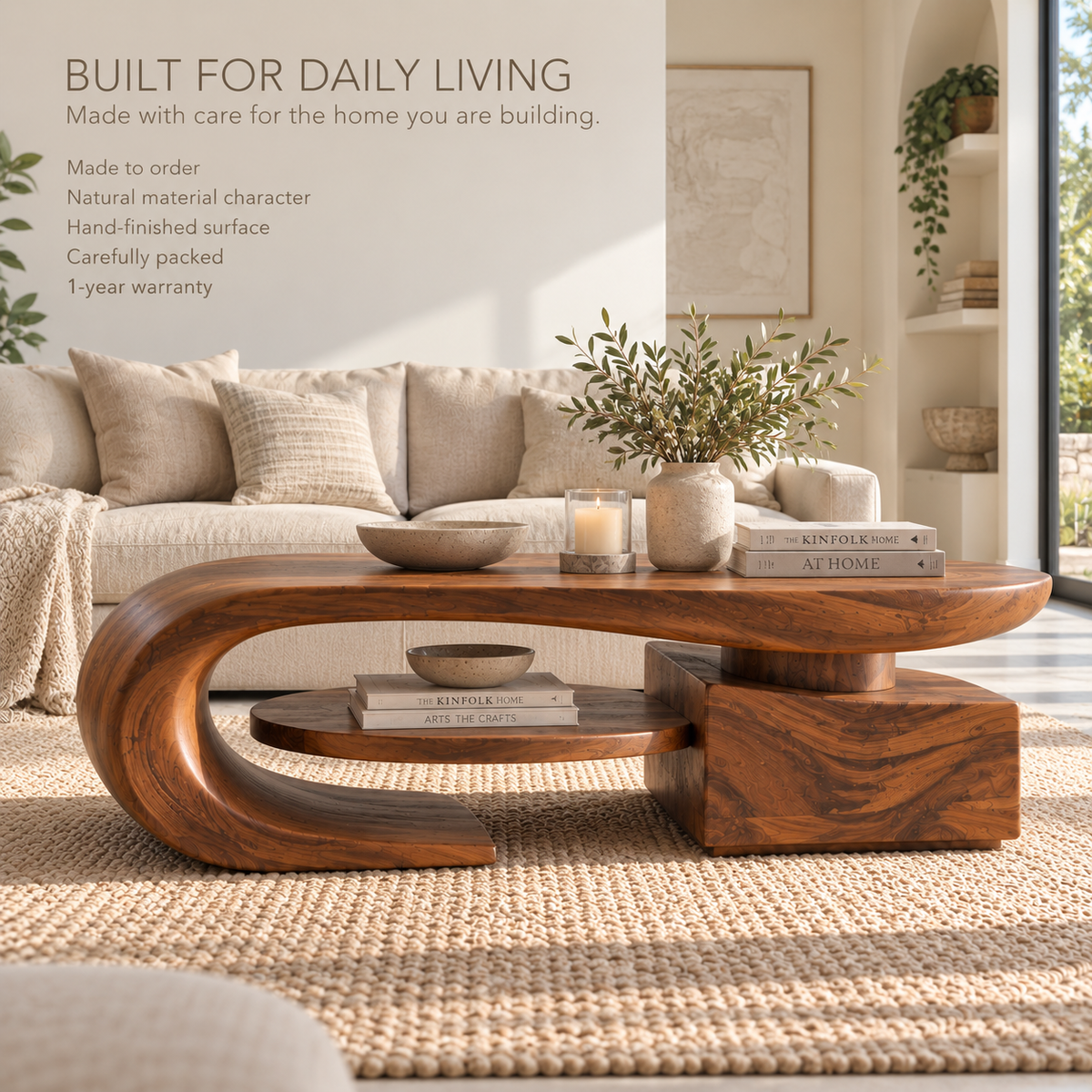 Brisa Sculptural Solid Wood Coffee Table - Design 358 - product detail and styling view 8