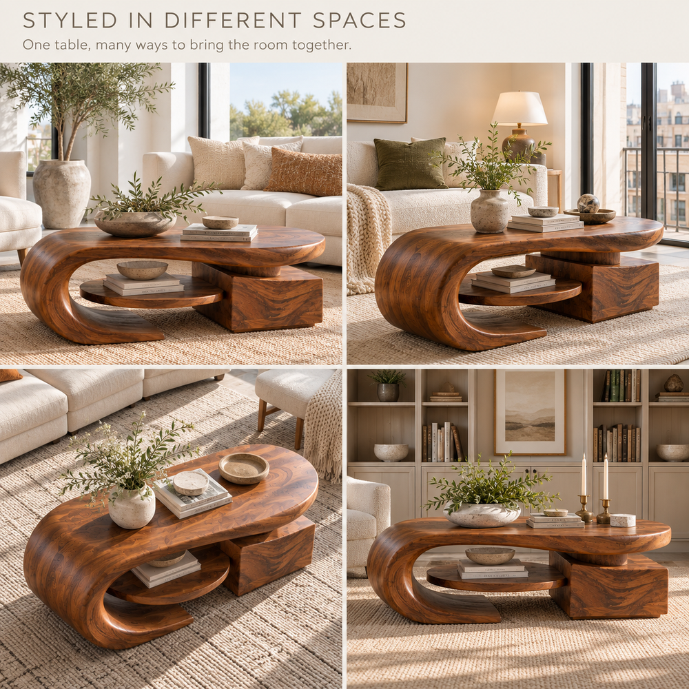 Brisa Sculptural Solid Wood Coffee Table - Design 358 - product detail and styling view 9