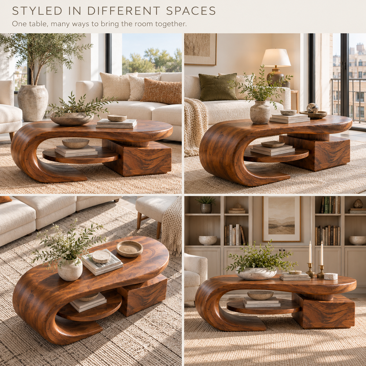 Brisa Sculptural Solid Wood Coffee Table - Design 358 - product detail and styling view 9