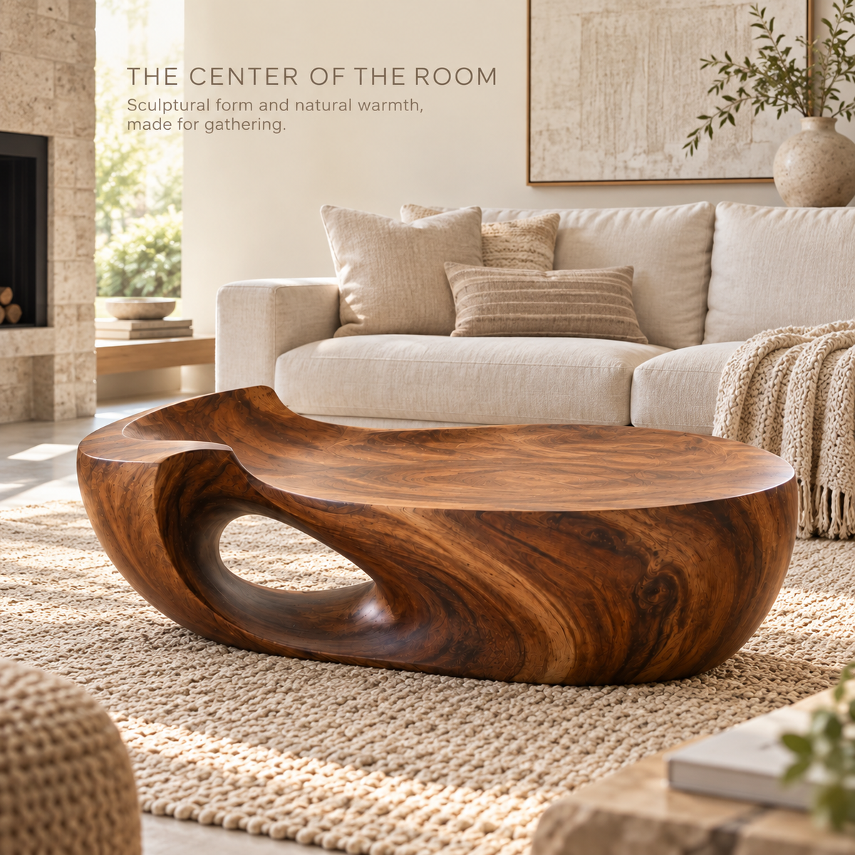 Maren Sculptural Solid Wood Coffee Table - Design 359 - main lifestyle view