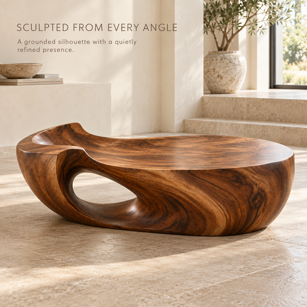 Maren Sculptural Solid Wood Coffee Table - Design 359 - product detail and styling view 2