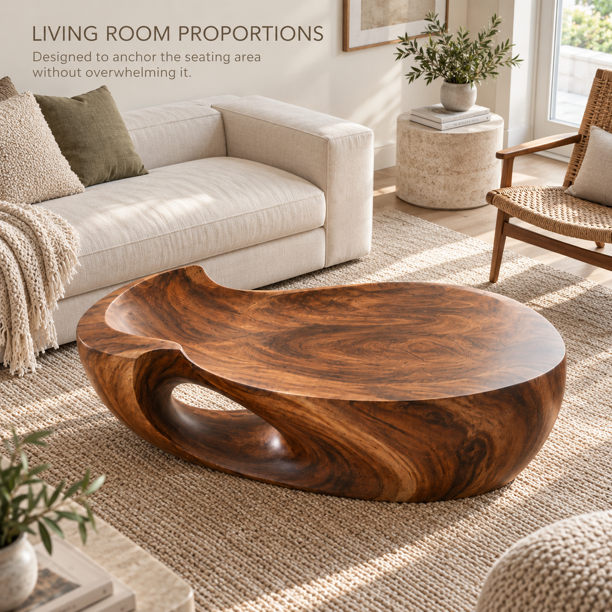 Maren Sculptural Solid Wood Coffee Table - Design 359 - product detail and styling view 3