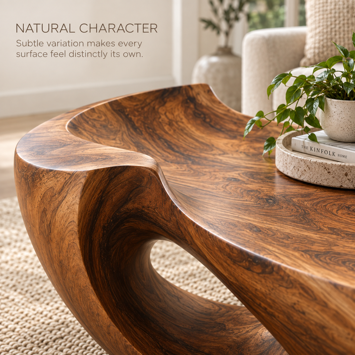 Maren Sculptural Solid Wood Coffee Table - Design 359 - product detail and styling view 4
