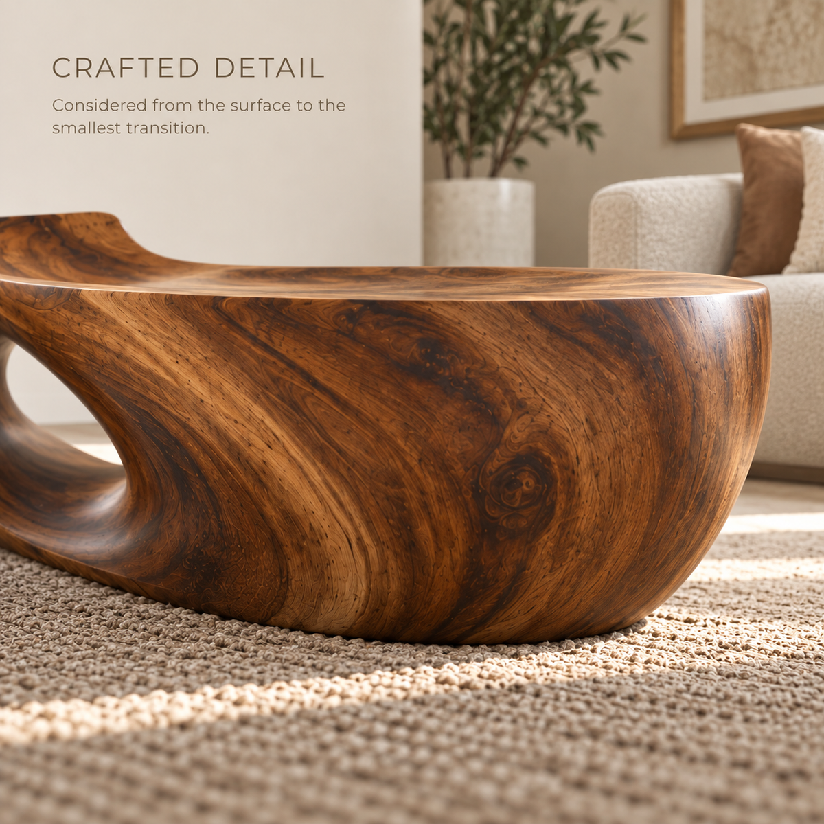 Maren Sculptural Solid Wood Coffee Table - Design 359 - product detail and styling view 5