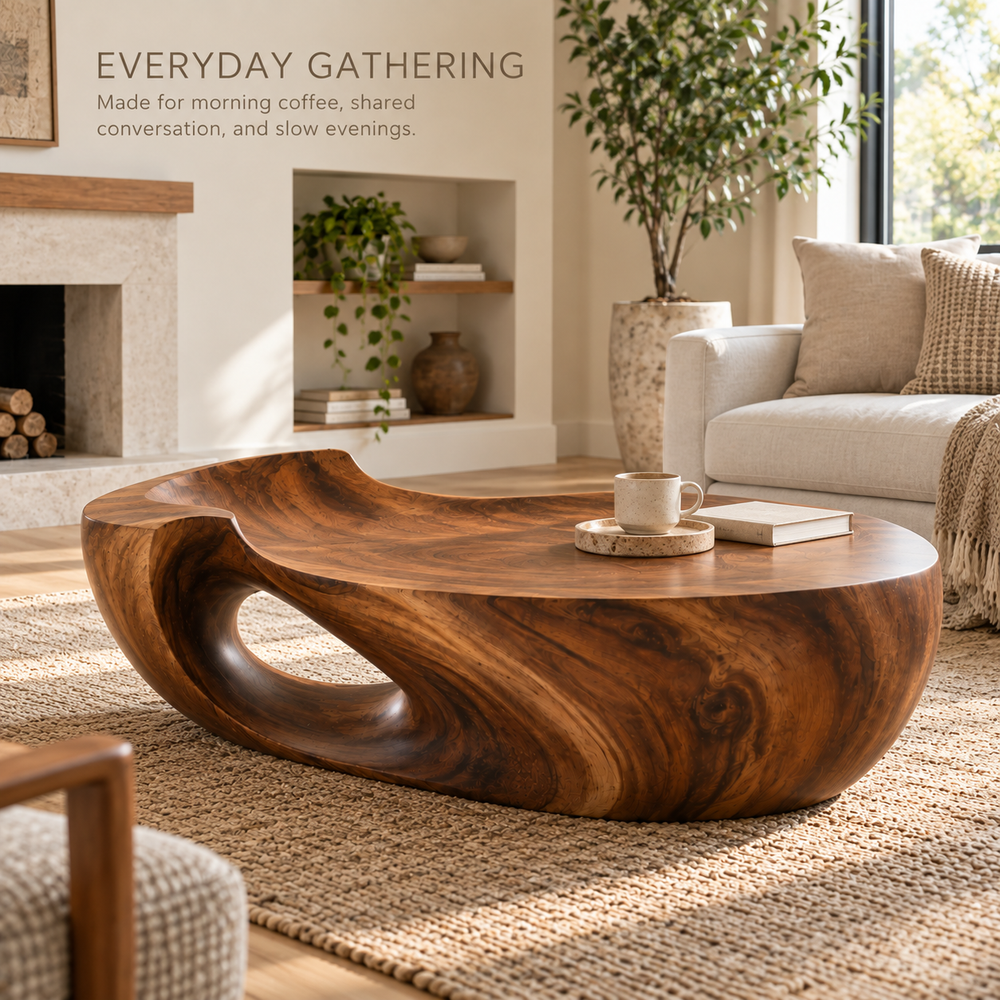 Maren Sculptural Solid Wood Coffee Table - Design 359 - product detail and styling view 6