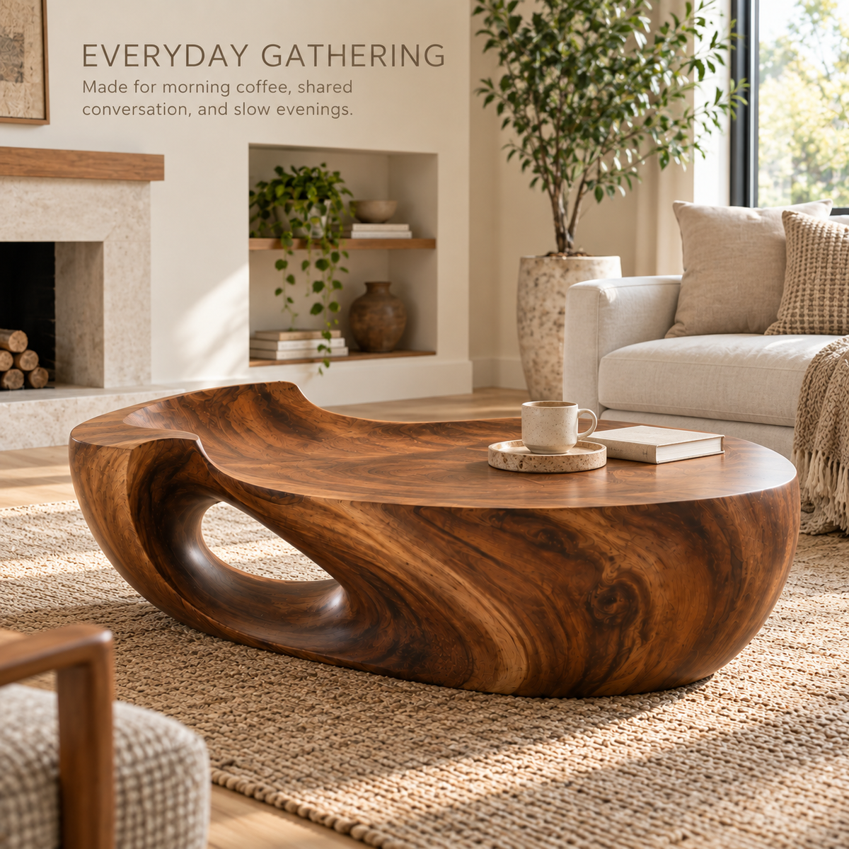 Maren Sculptural Solid Wood Coffee Table - Design 359 - product detail and styling view 6