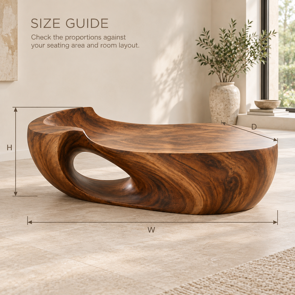 Maren Sculptural Solid Wood Coffee Table - Design 359 - product detail and styling view 7