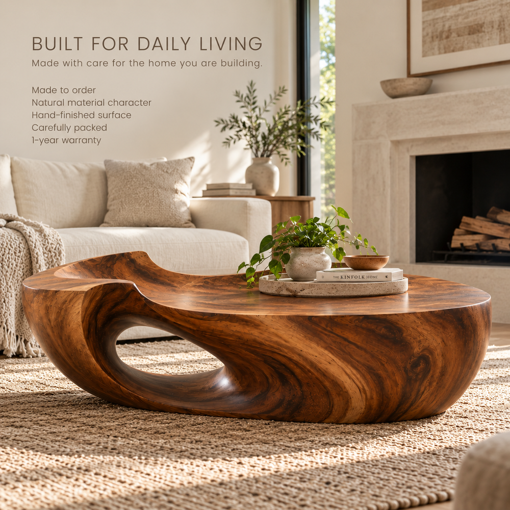 Maren Sculptural Solid Wood Coffee Table - Design 359 - product detail and styling view 8