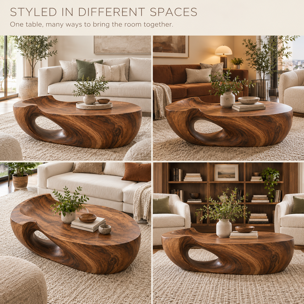 Maren Sculptural Solid Wood Coffee Table - Design 359 - product detail and styling view 9