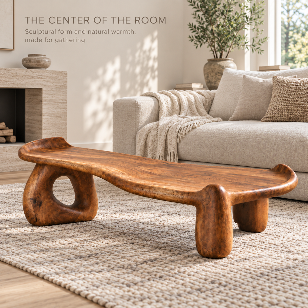 Solene Sculptural Solid Wood Coffee Table - Design 360 - main lifestyle view