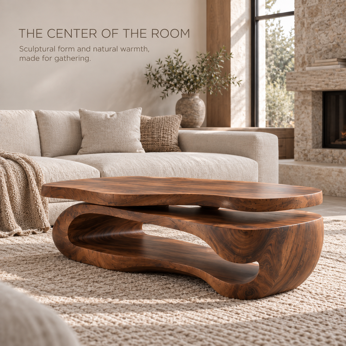 Avira Sculptural Solid Wood Coffee Table - Design 361 - main lifestyle view