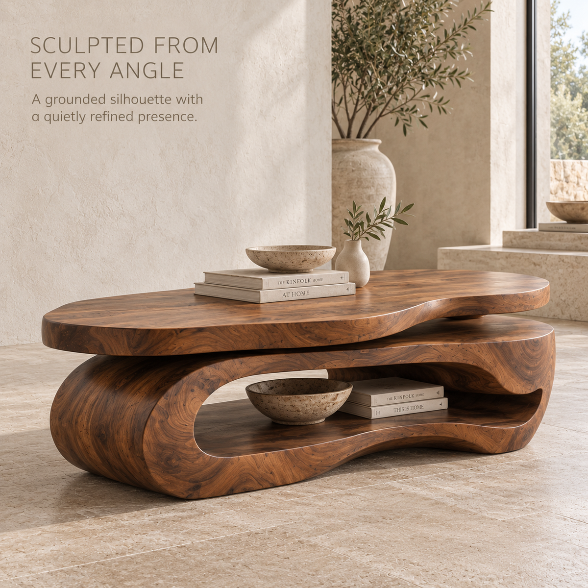 Avira Sculptural Solid Wood Coffee Table - Design 361 - product detail and styling view 2