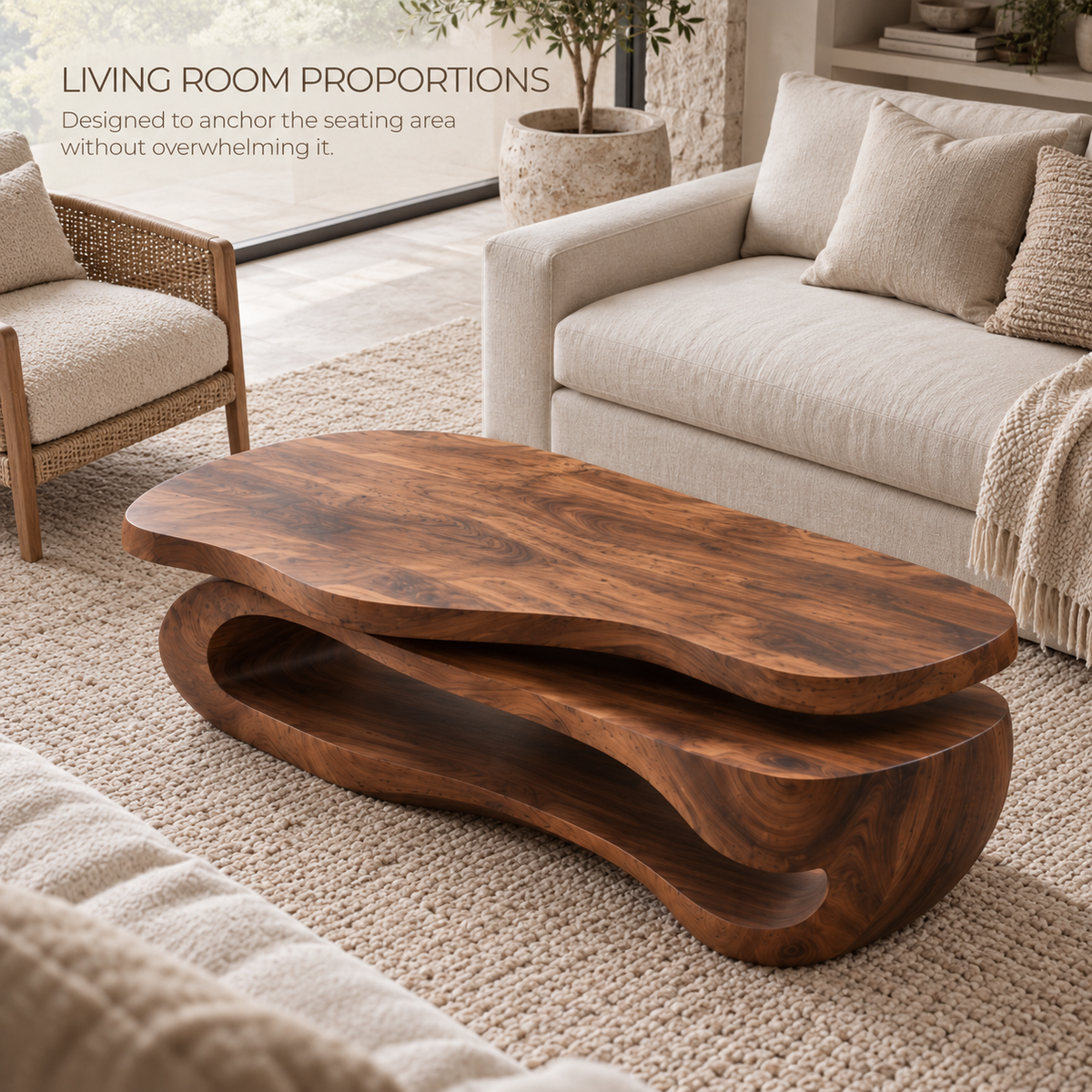 Avira Sculptural Solid Wood Coffee Table - Design 361 - product detail and styling view 3