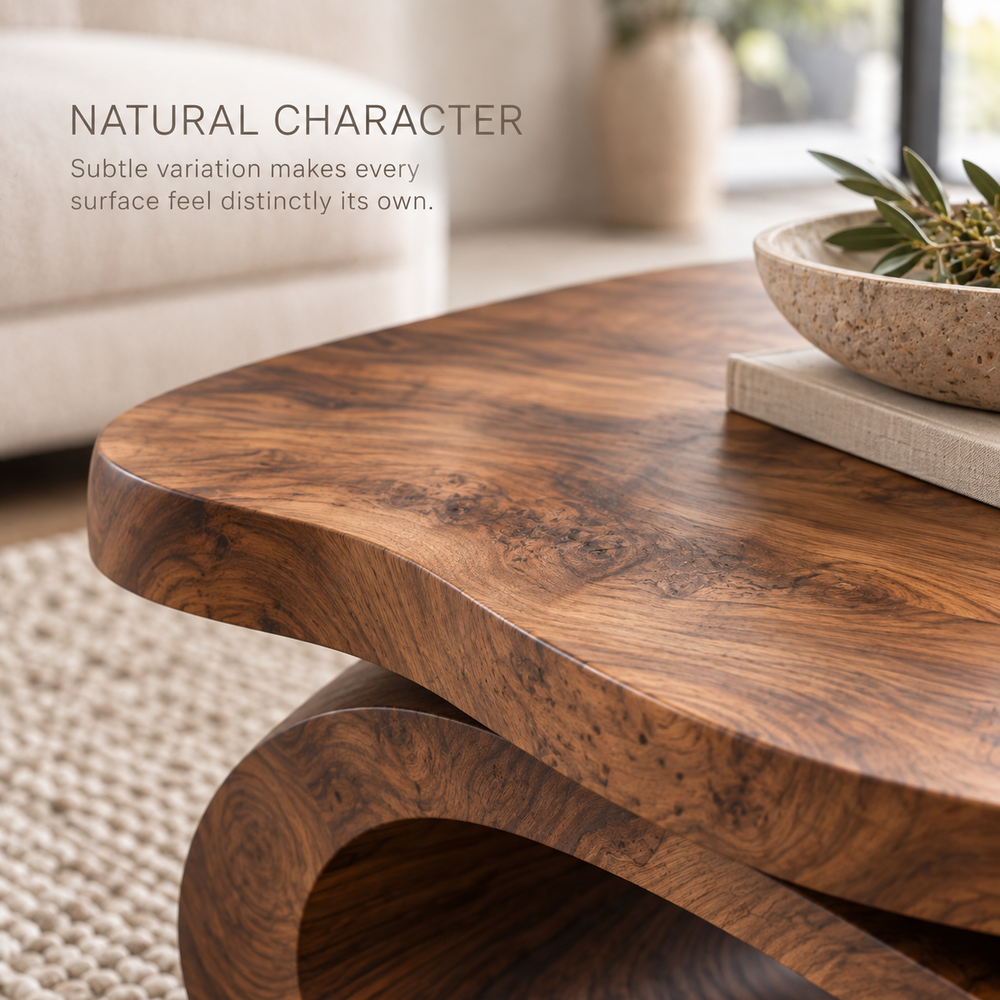 Avira Sculptural Solid Wood Coffee Table - Design 361 - product detail and styling view 4