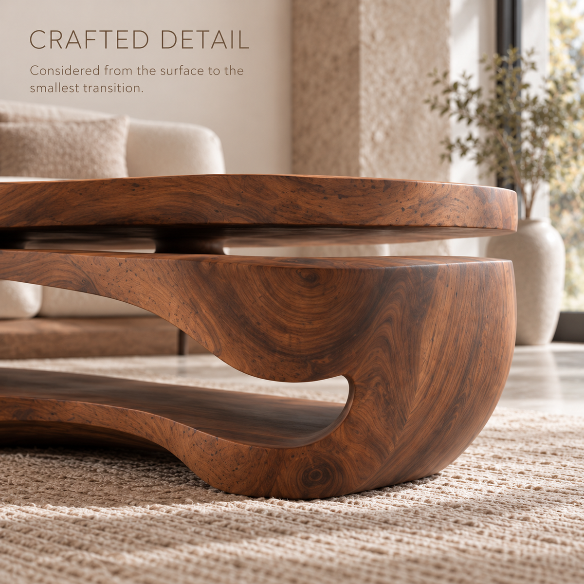 Avira Sculptural Solid Wood Coffee Table - Design 361 - product detail and styling view 5