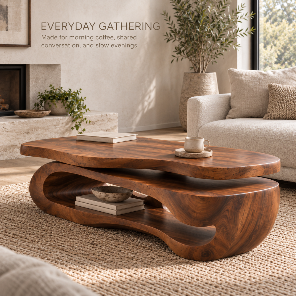 Avira Sculptural Solid Wood Coffee Table - Design 361 - product detail and styling view 6