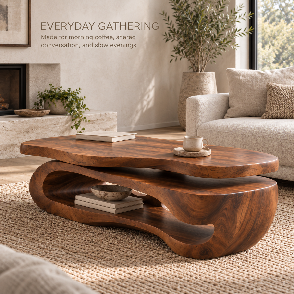 Avira Sculptural Solid Wood Coffee Table - Design 361 - product detail and styling view 6