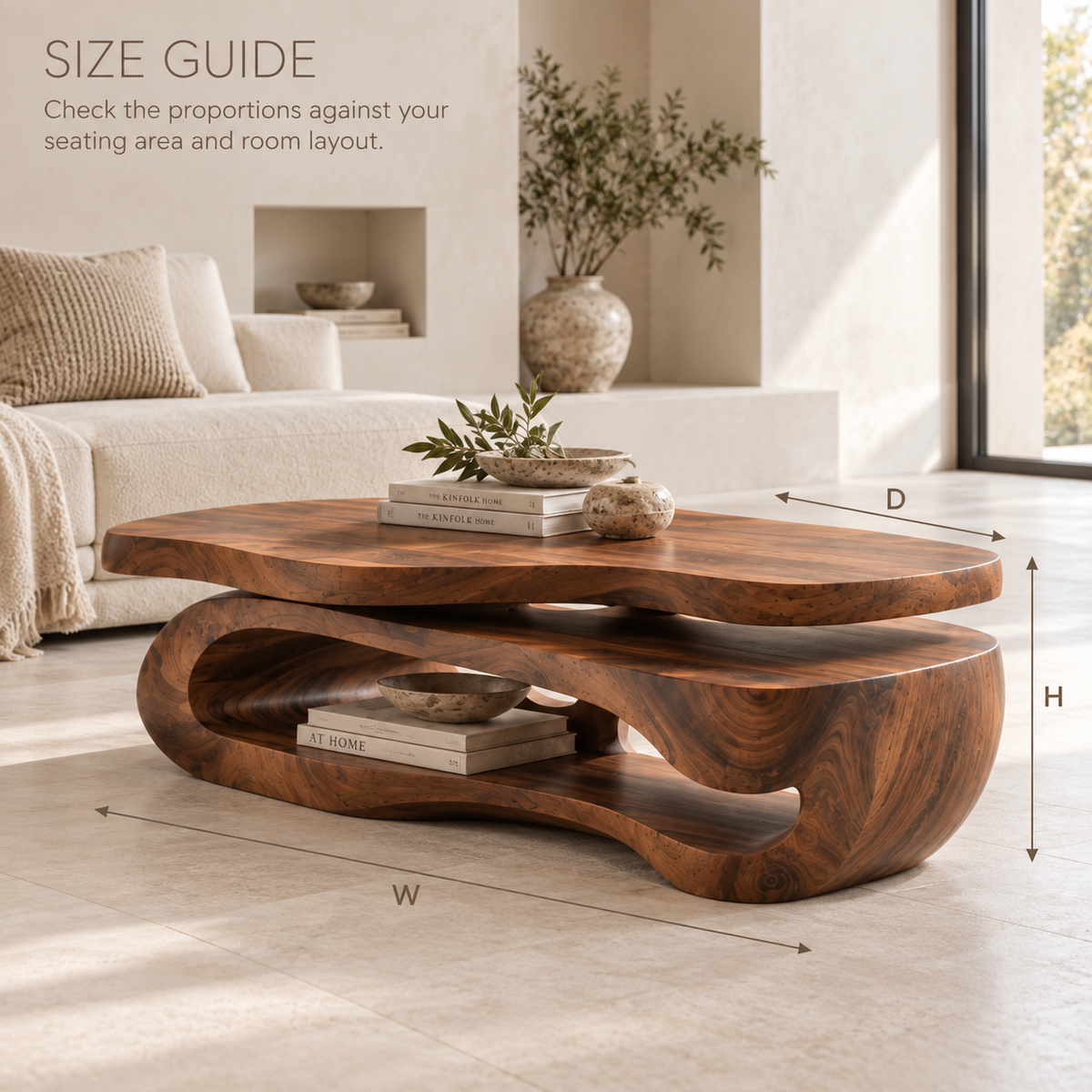 Avira Sculptural Solid Wood Coffee Table - Design 361 - product detail and styling view 7