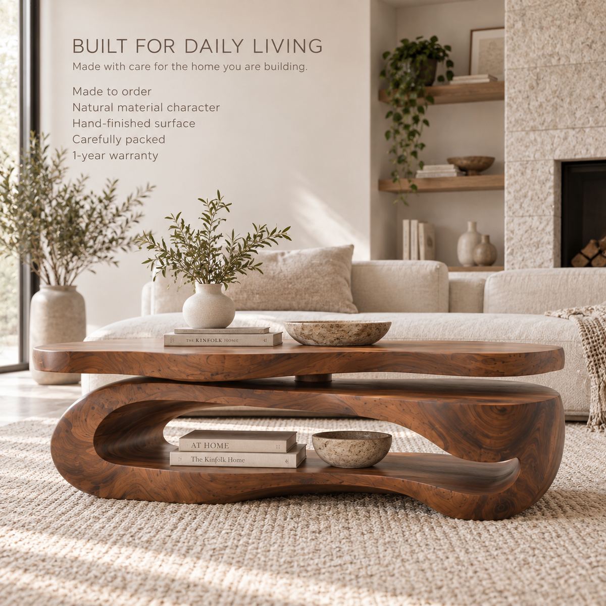 Avira Sculptural Solid Wood Coffee Table - Design 361 - product detail and styling view 8