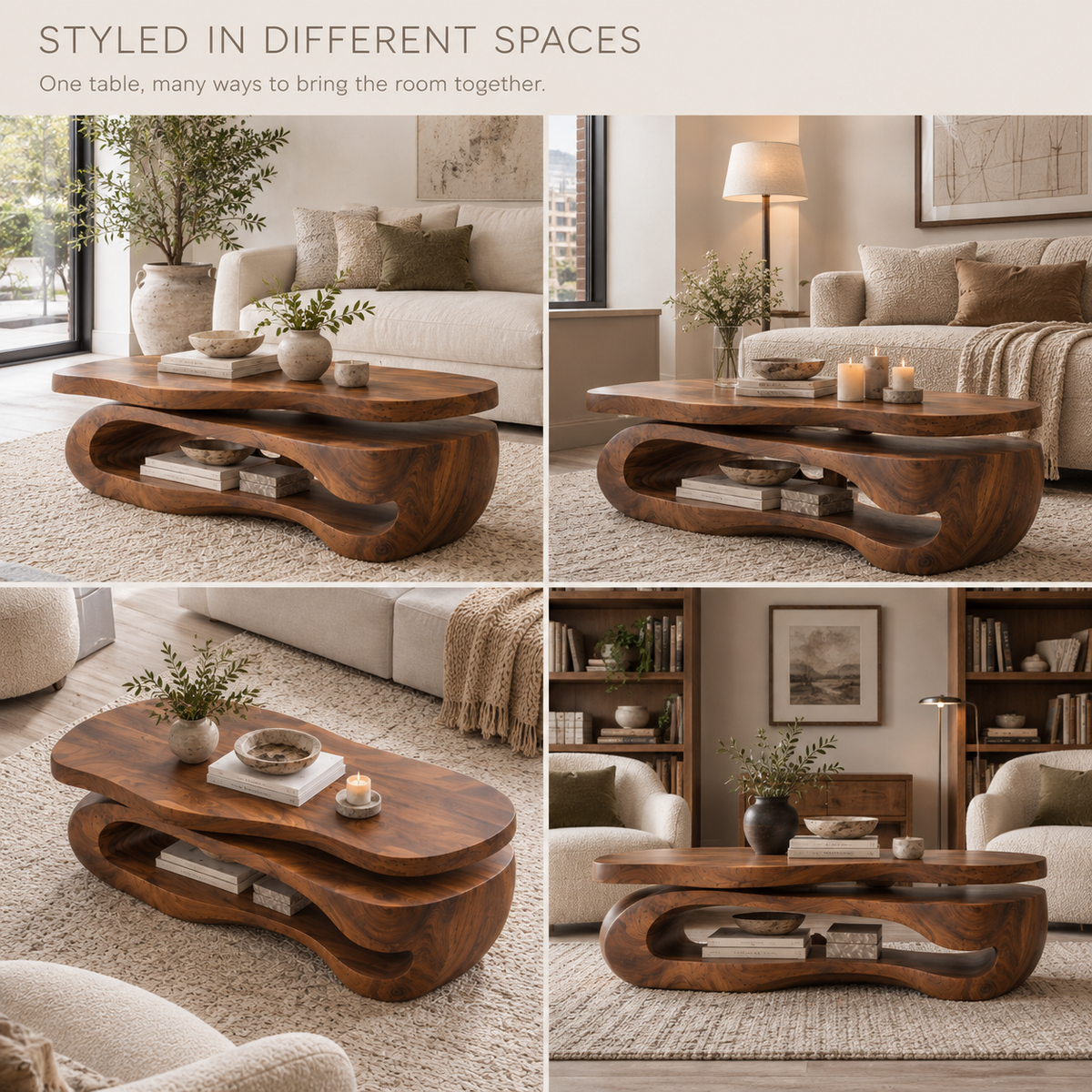 Avira Sculptural Solid Wood Coffee Table - Design 361 - product detail and styling view 9