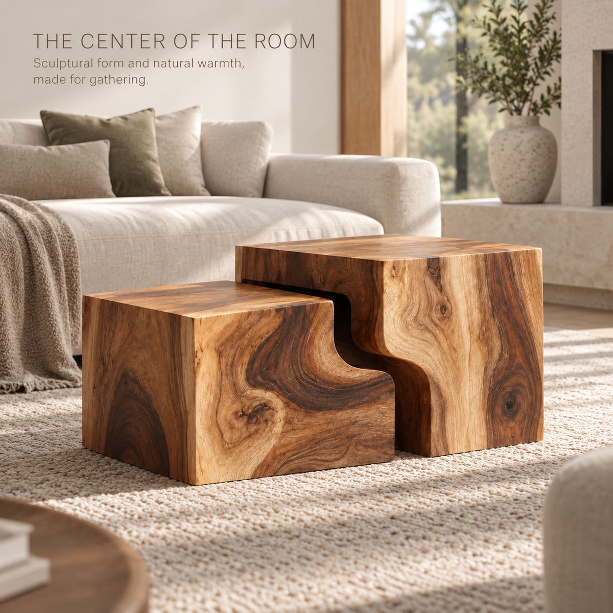 Lorien Sculptural Solid Wood Coffee Table Set - Design 362 - main lifestyle view