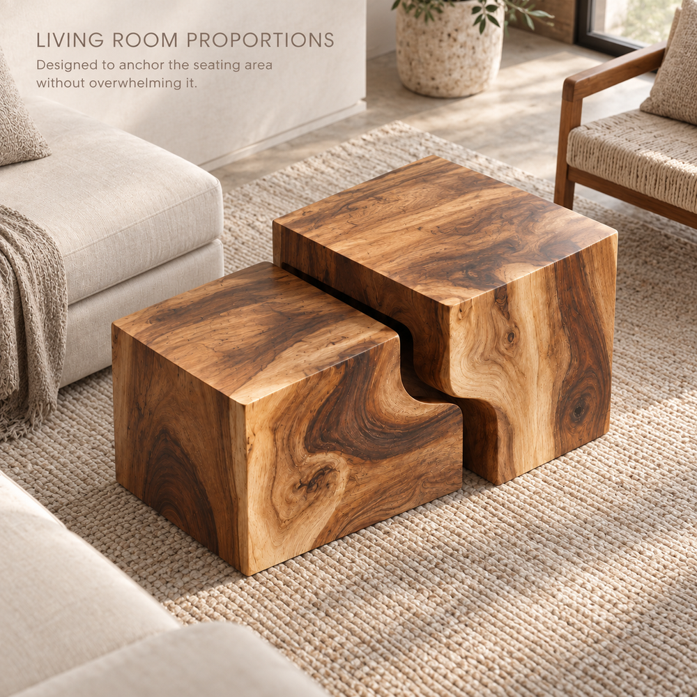 Lorien Sculptural Solid Wood Coffee Table Set - Design 362 - product detail and styling view 3