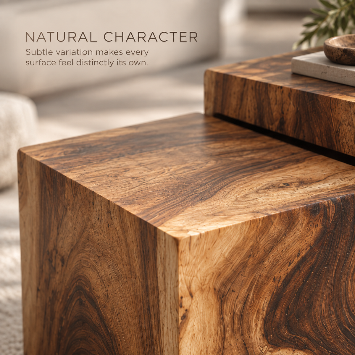 Lorien Sculptural Solid Wood Coffee Table Set - Design 362 - product detail and styling view 4
