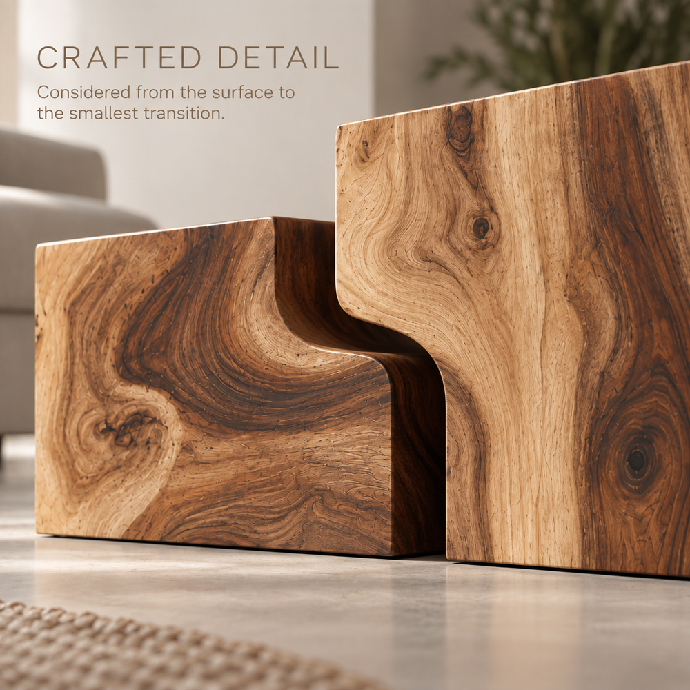 Lorien Sculptural Solid Wood Coffee Table Set - Design 362 - product detail and styling view 5