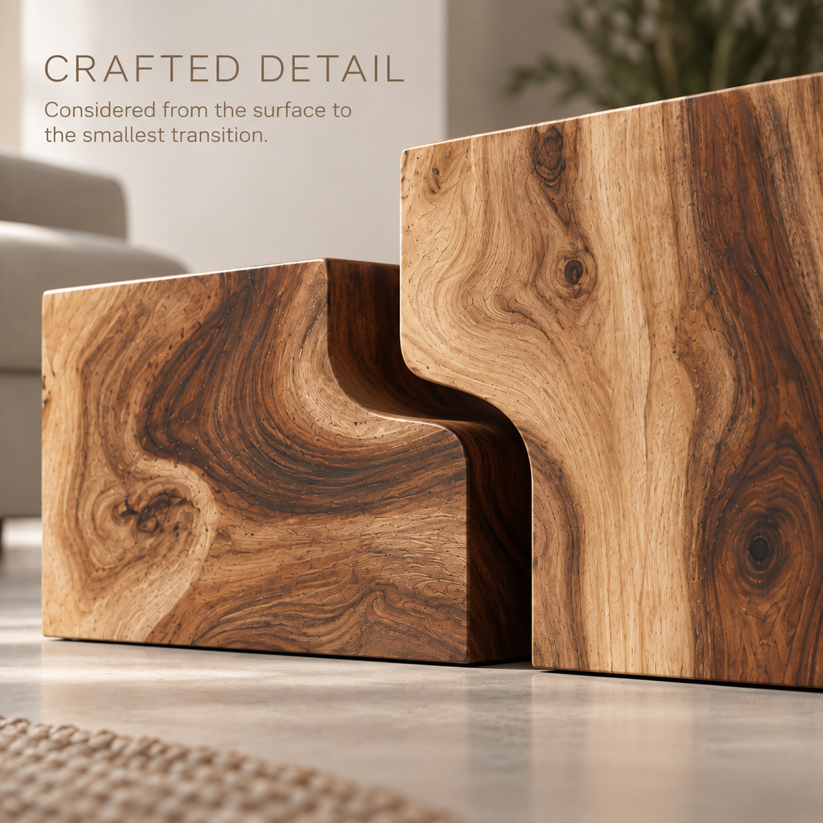 Lorien Sculptural Solid Wood Coffee Table Set - Design 362 - product detail and styling view 5