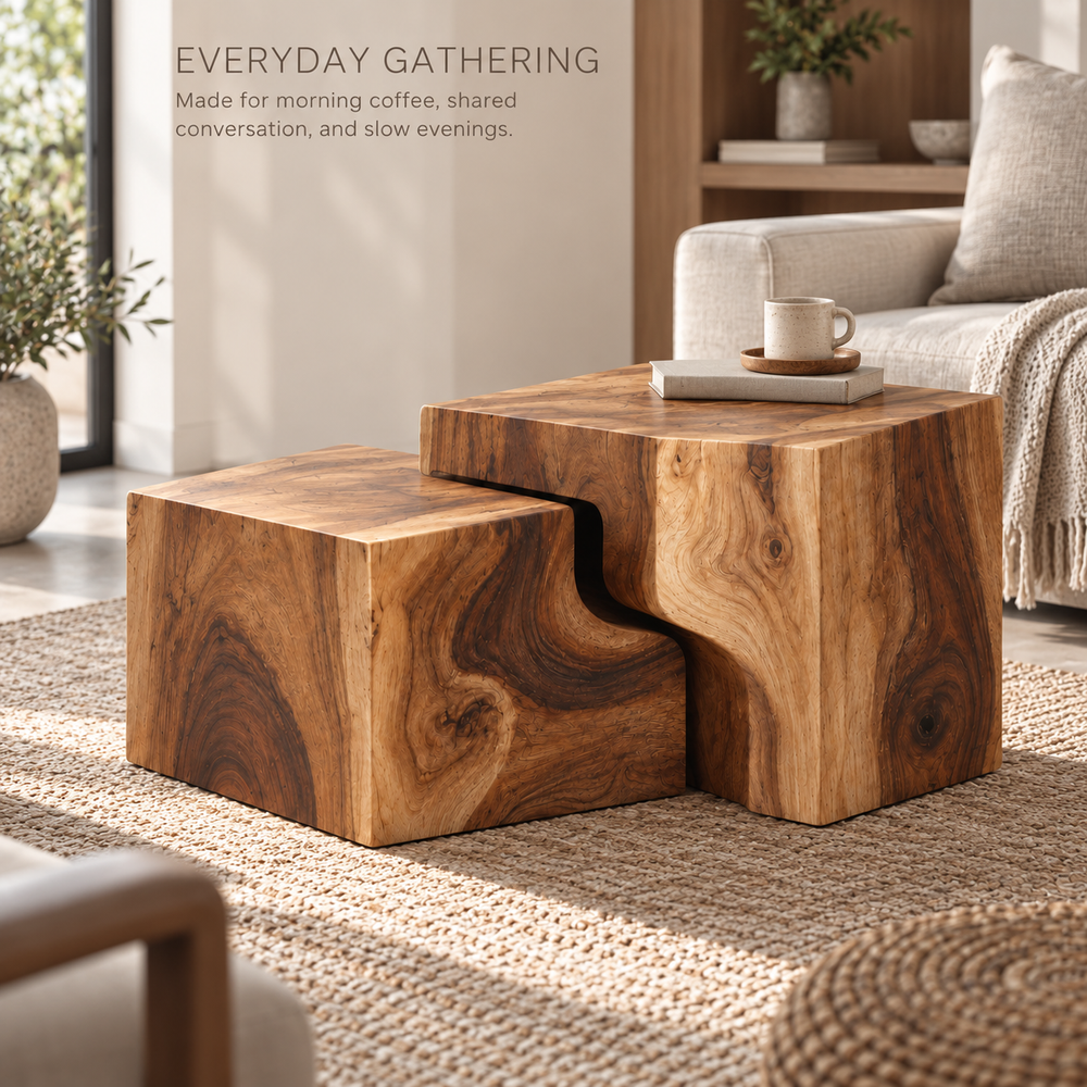 Lorien Sculptural Solid Wood Coffee Table Set - Design 362 - product detail and styling view 6