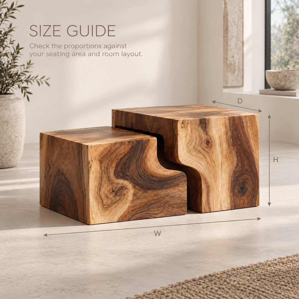Lorien Sculptural Solid Wood Coffee Table Set - Design 362 - product detail and styling view 7