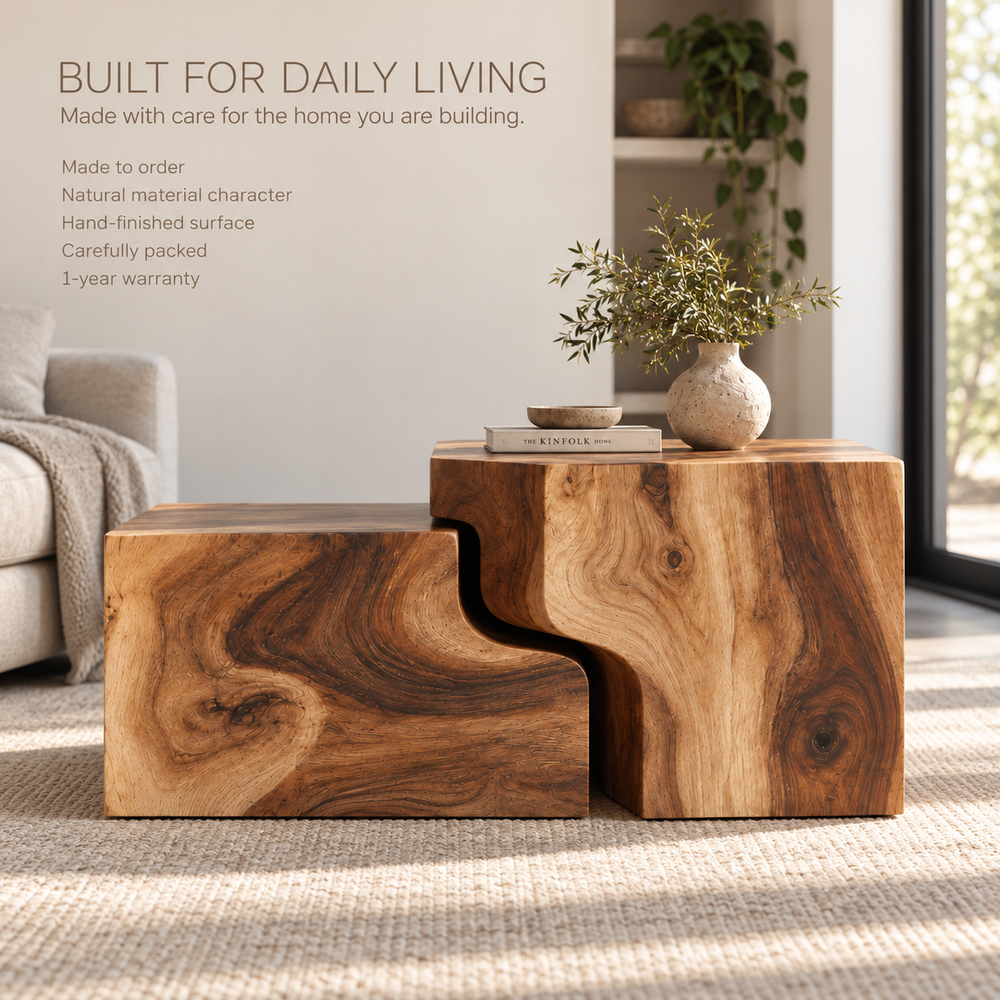 Lorien Sculptural Solid Wood Coffee Table Set - Design 362 - product detail and styling view 8