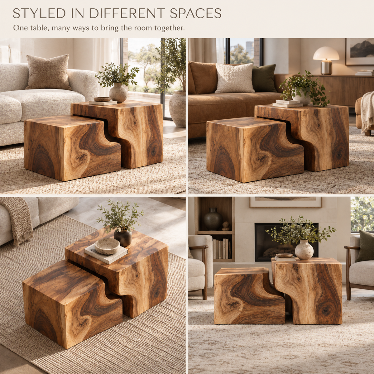 Lorien Sculptural Solid Wood Coffee Table Set - Design 362 - product detail and styling view 9