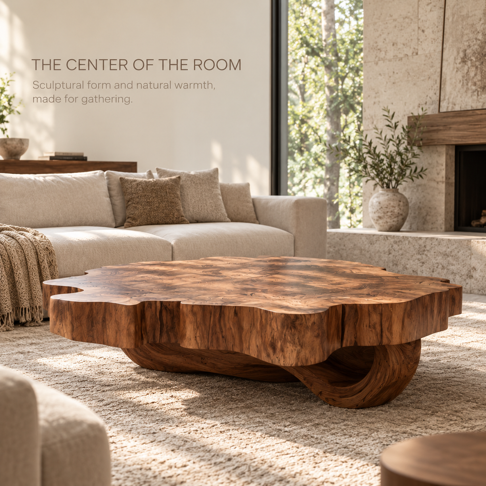 Cassian Sculptural Solid Wood Coffee Table - Design 363 - main lifestyle view
