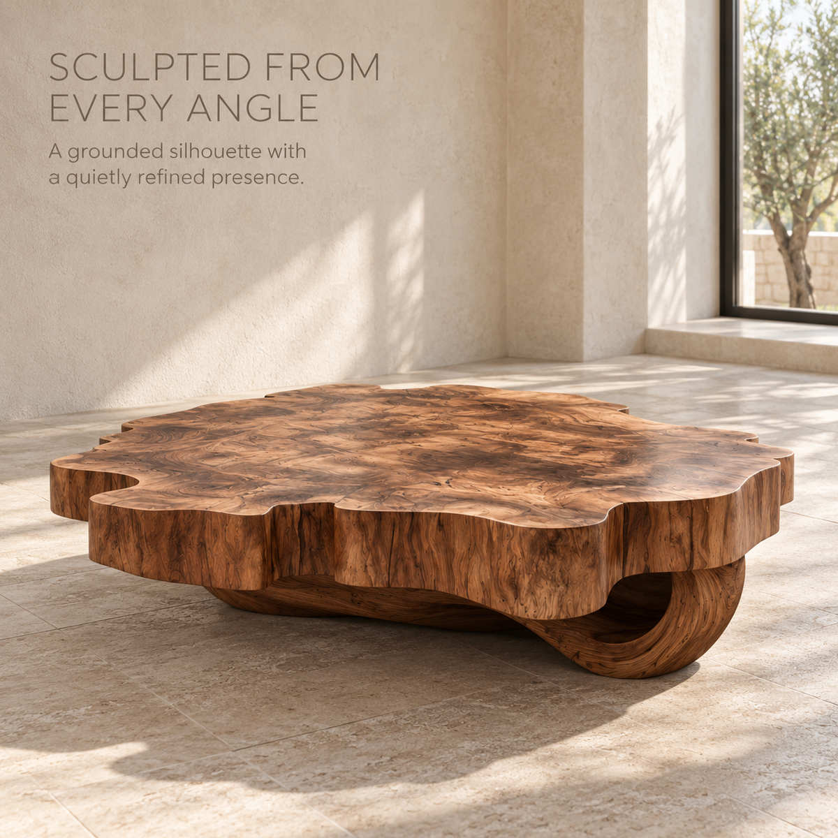 Cassian Sculptural Solid Wood Coffee Table - Design 363 - product detail and styling view 2