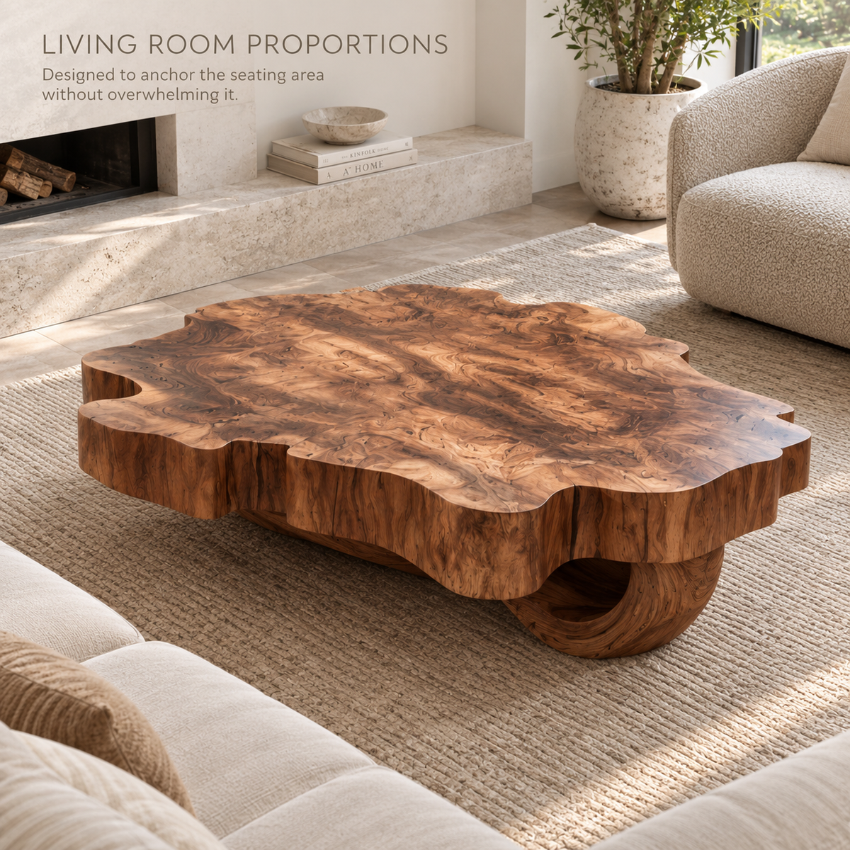 Cassian Sculptural Solid Wood Coffee Table - Design 363 - product detail and styling view 3