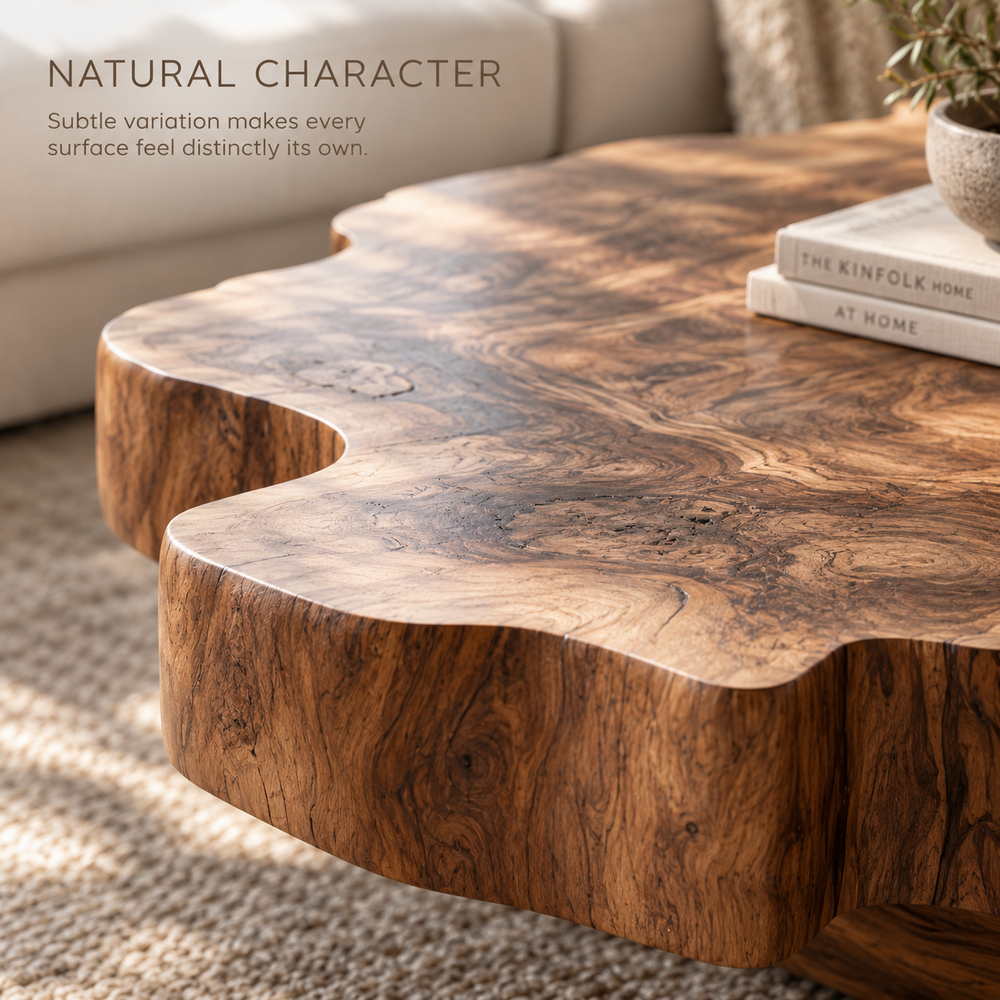 Cassian Sculptural Solid Wood Coffee Table - Design 363 - product detail and styling view 4