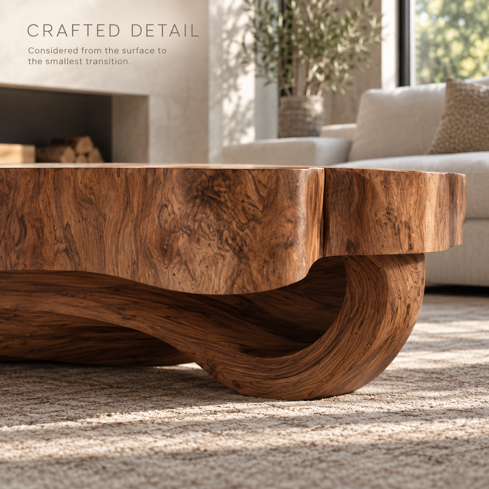 Cassian Sculptural Solid Wood Coffee Table - Design 363 - product detail and styling view 5