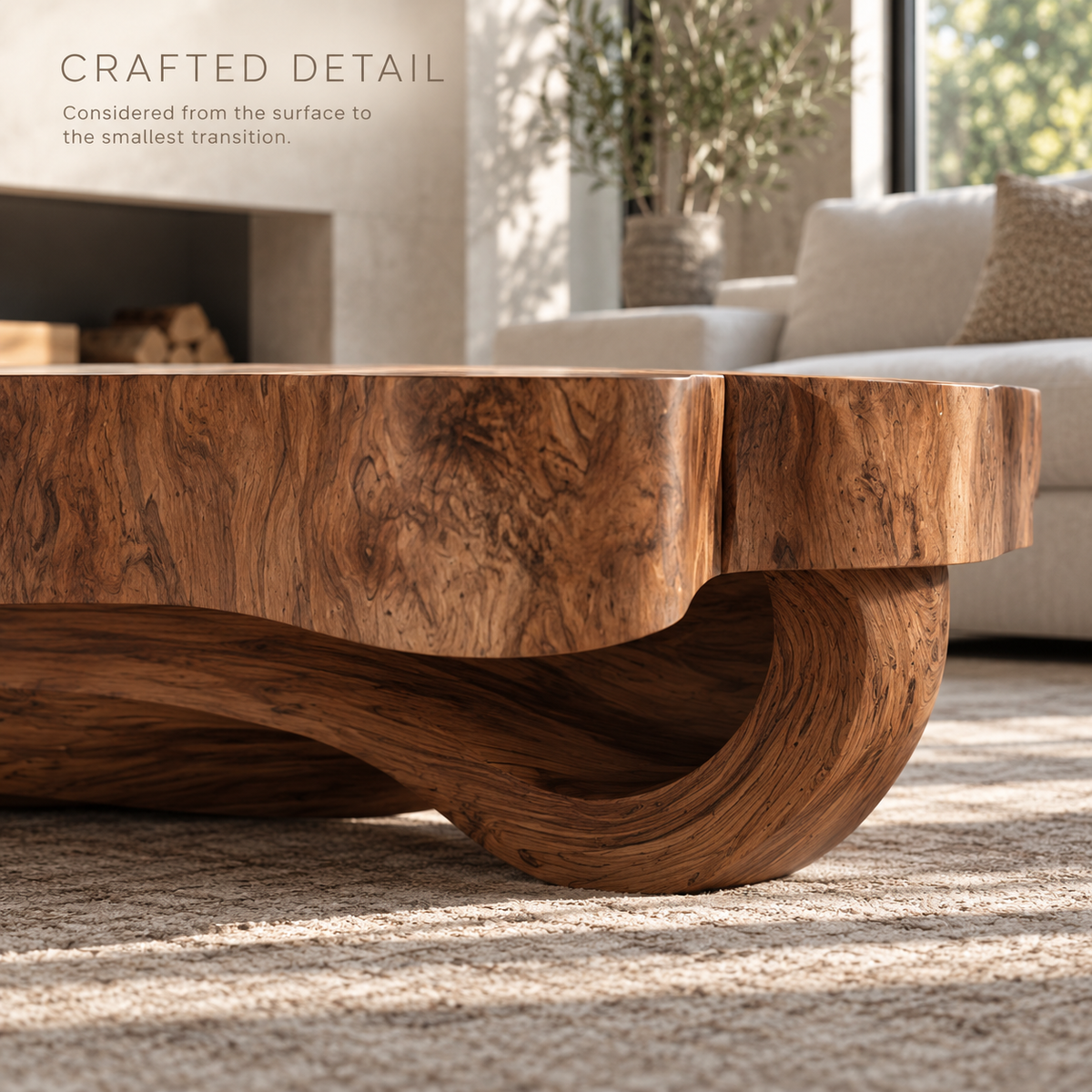 Cassian Sculptural Solid Wood Coffee Table - Design 363 - product detail and styling view 5