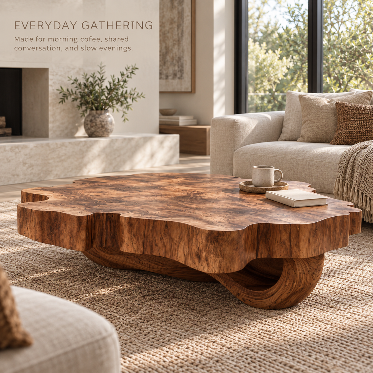 Cassian Sculptural Solid Wood Coffee Table - Design 363 - product detail and styling view 6