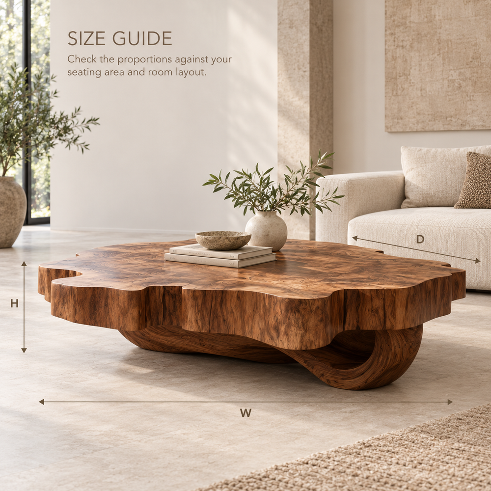 Cassian Sculptural Solid Wood Coffee Table - Design 363 - product detail and styling view 7