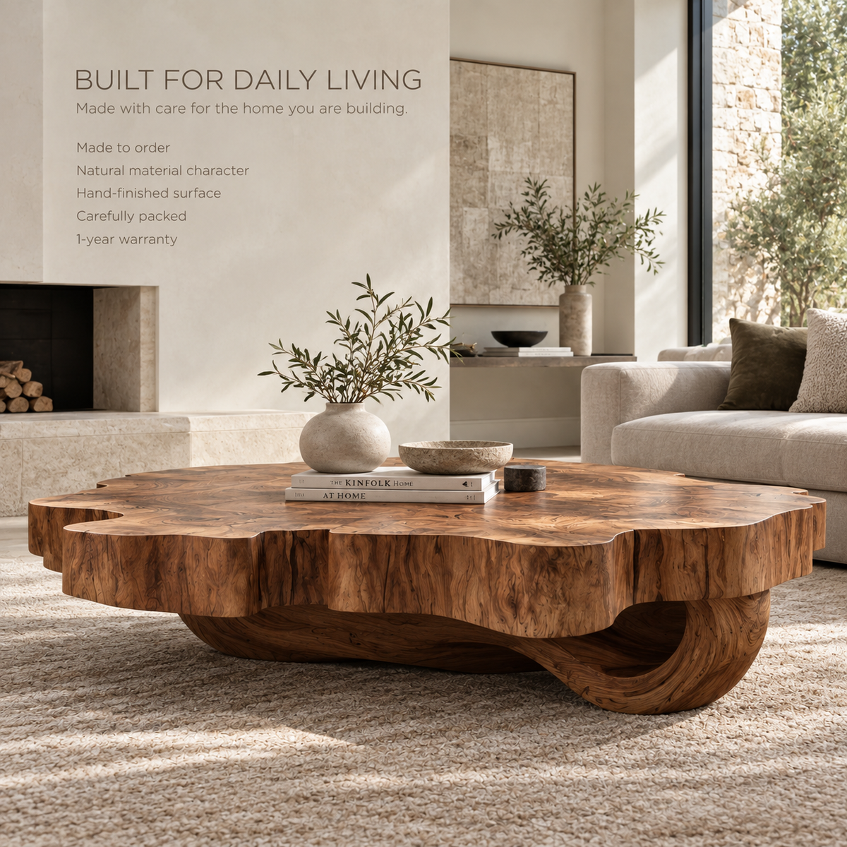 Cassian Sculptural Solid Wood Coffee Table - Design 363 - product detail and styling view 8